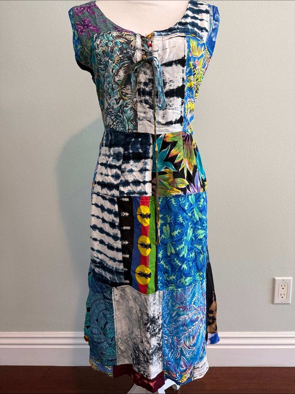 Patchwork Boho Maxi Dress in Blue and Multicolor ptp 191/2 size L/XL
